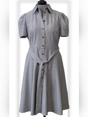 PRESTON & YORK Striped Short-Sleeve Midi Dress in Light Gray
